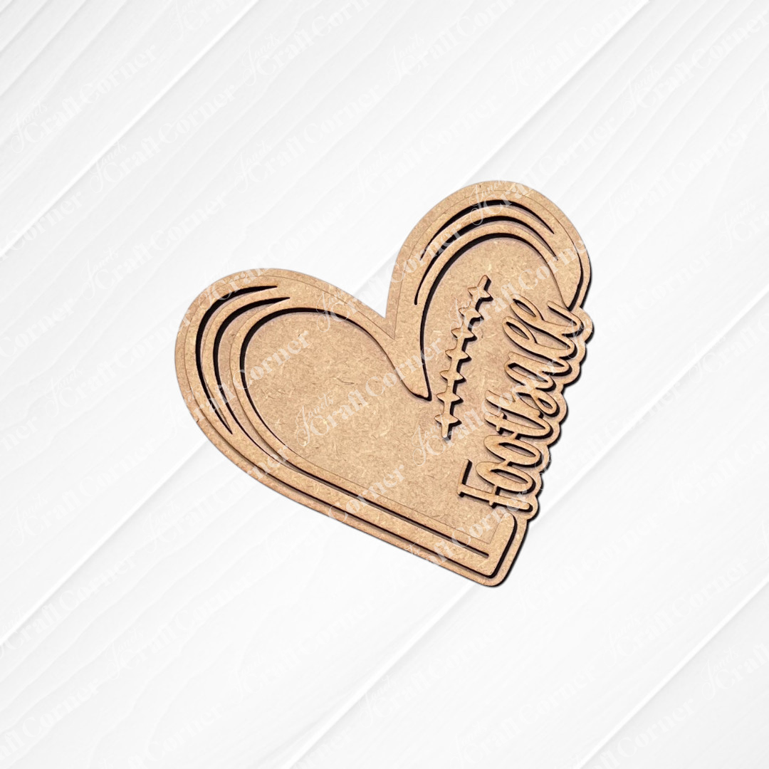 Janet's Craft Corner Football Decor Set is a DIY craft kit featuring heart-shaped wooden pieces with football stitching and "football" cutouts, perfect for mini shelf sitters or creative projects. Choose from 5 unique designs.