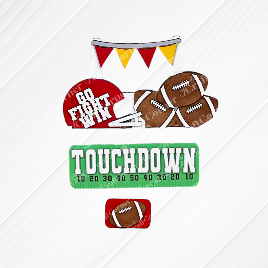Transform your space with Janet's Craft Corner's Football Interchangeable Insert DIY home decor kit. This hand-painted set features wooden cutouts, including a football helmet inscribed with "Go Fight Win," four footballs, and a “Touchdown” sign above a set of yard markers. It also comes with an additional smaller football insert at the bottom – perfect for adding a personalized touch to your decor.