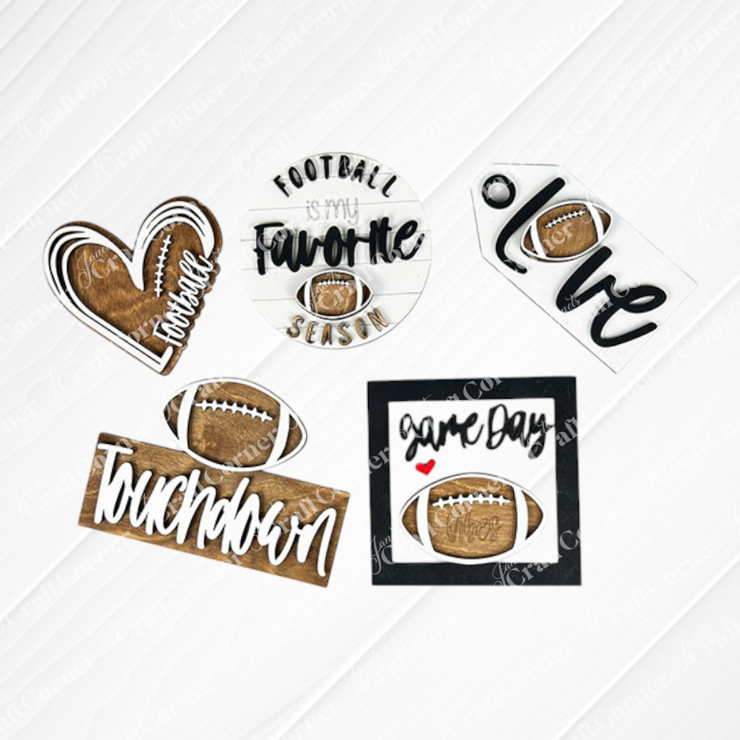 Collection of football-themed cutouts with text on a white background