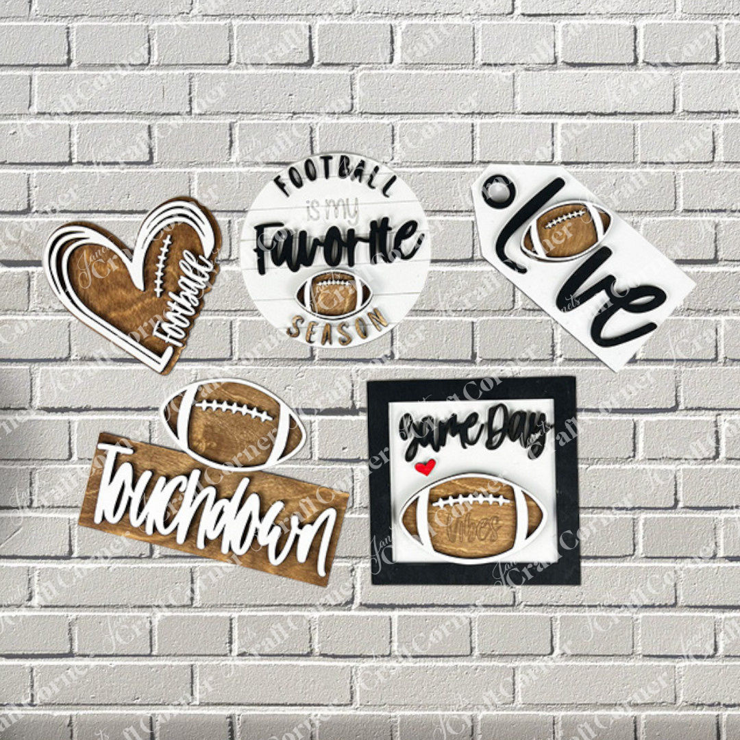 Set of football-themed decorative signs on a brick wall background