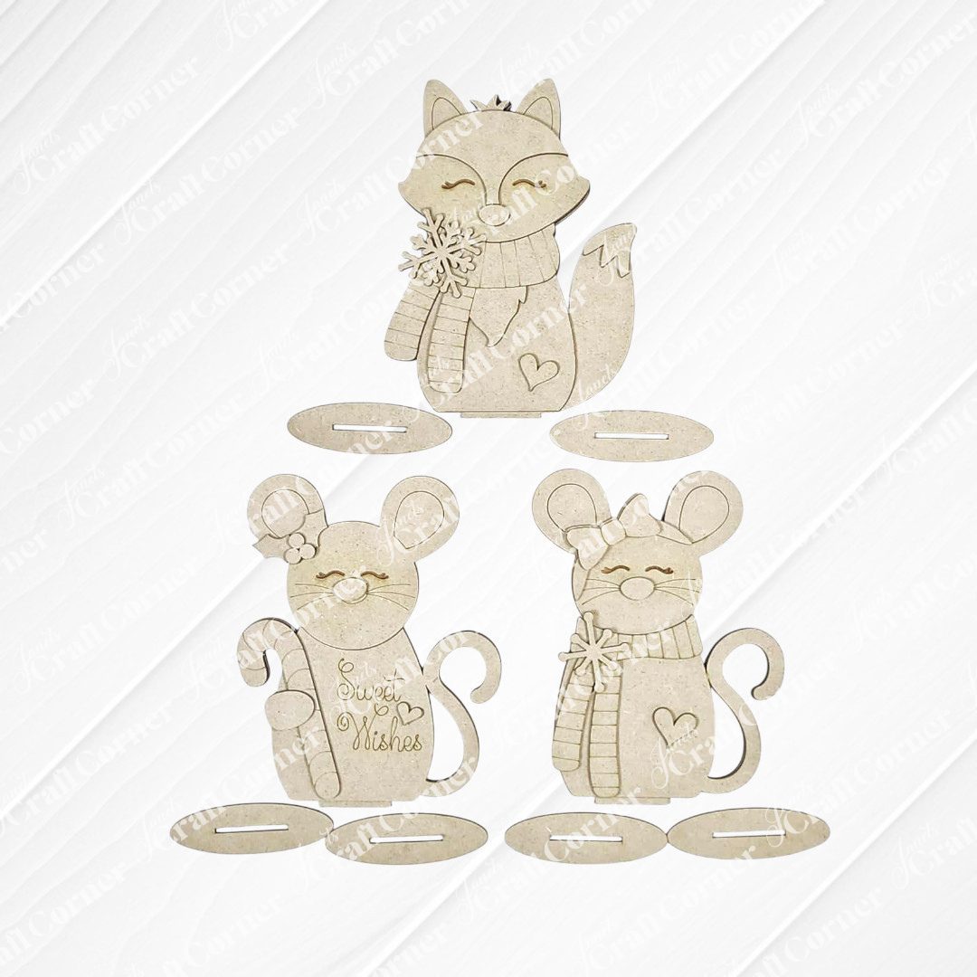 Forest Friends Shelf Sitters from Janet's Craft Corner—choose a fox or two mice, all with scarves and heart details. One mouse says "Sweet Wishes." Each has an oval base, perfect for your DIY seasonal home decor craft kit.