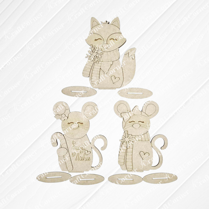 Forest Friends Shelf Sitters from Janet's Craft Corner—choose a fox or two mice, all with scarves and heart details. One mouse says "Sweet Wishes." Each has an oval base, perfect for your DIY seasonal home decor craft kit.