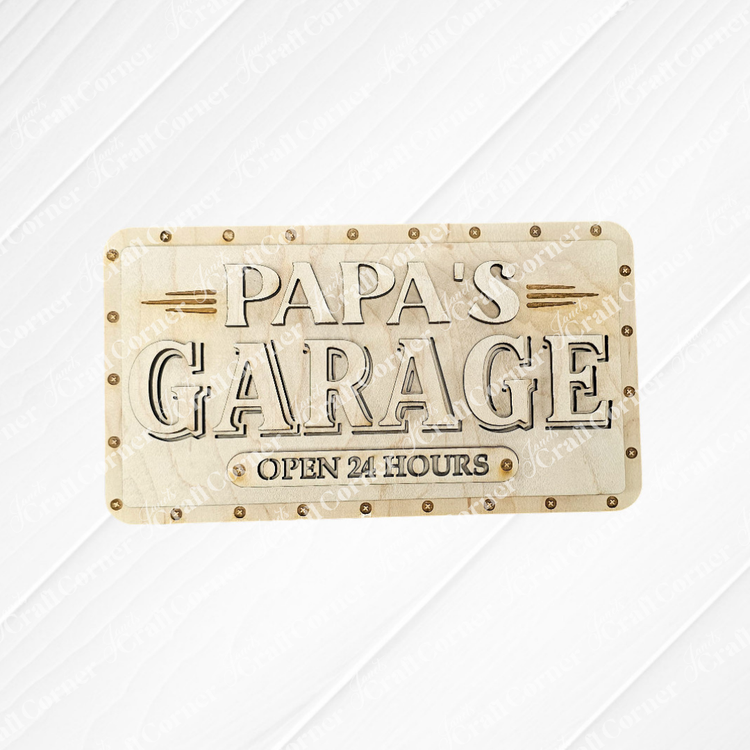 Janet's Craft Corner Personalized Garage Shelf Leaner features a beige metal sign with bolts, reading "PAPA'S GARAGE" and "OPEN 24 HOURS" on a striped background—perfect for your DIY seasonal home decor craft kit. Set of 1 included.