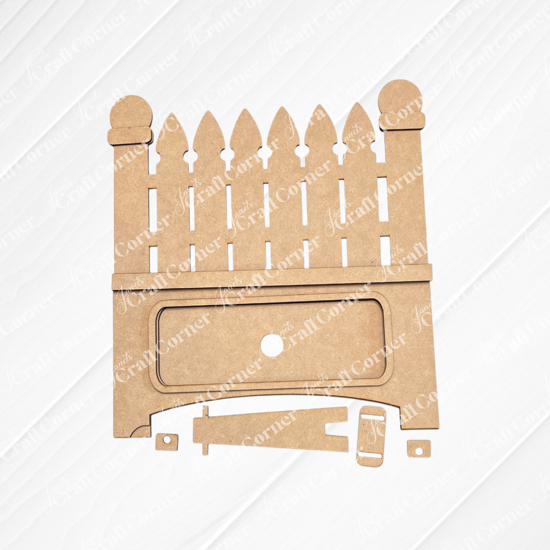 Janet's Craft Corner Garden Fence Interchangeable Base DIY home decor kit includes 1 fence base unassembled, shown on a white surface, ready for assembly.