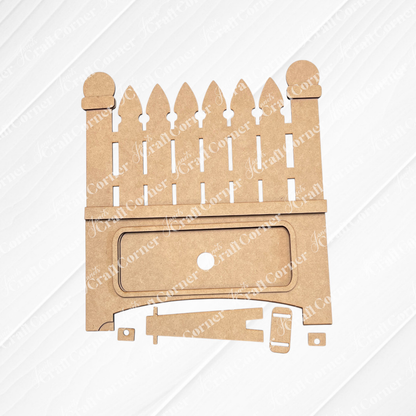 Janet's Craft Corner Garden Fence Interchangeable Base DIY home decor kit includes 1 fence base unassembled, shown on a white surface, ready for assembly.