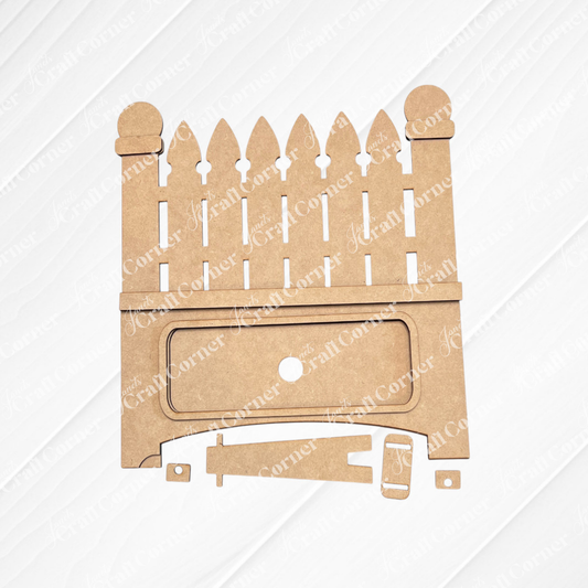 Janet's Craft Corner Garden Fence Interchangeable Base DIY home decor kit includes 1 fence base unassembled, shown on a white surface, ready for assembly.