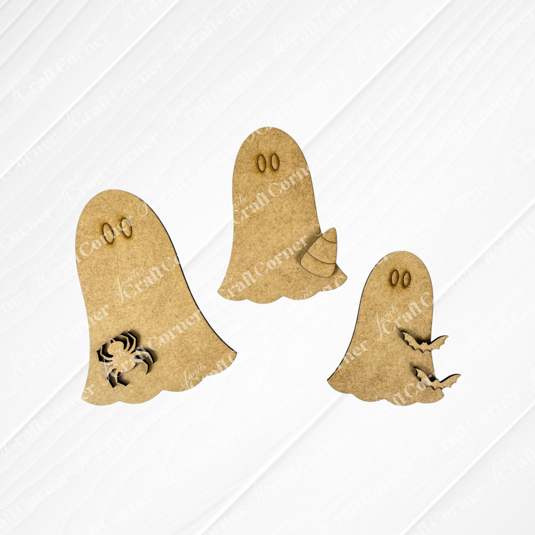 Janet's Craft Corner Halloween Mini Shelf Sitter features a brown ghost shape with simple oval eyes, decorated with a crab, seashell, or starfish and coral—perfect DIY seasonal decor for your home. Set of 1.