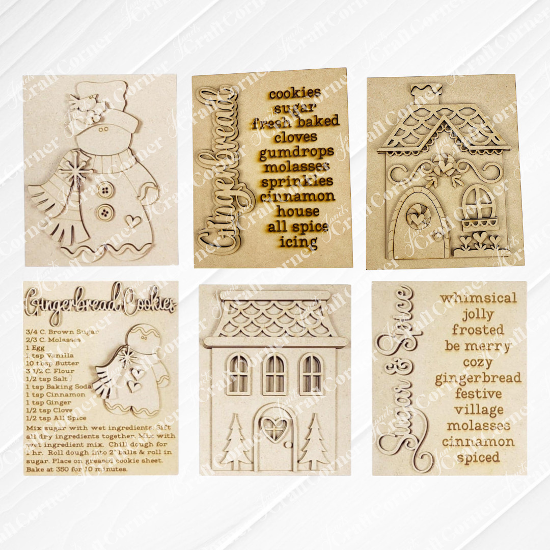 Set of gingerbread-themed wood DIY craft kits on a white background