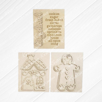 Janet's Craft Corner – Sample painted set of Gingerbread Switchable Farmhouse Sign is a DIY seasonal home decor kits with a gingerbread theme. One features the word Gingerbread with words that evoke gingerbread cookies during the holidays, another features a gingerbread man and one that features a cute gingerbread house, all displayed on a white wooden background. 