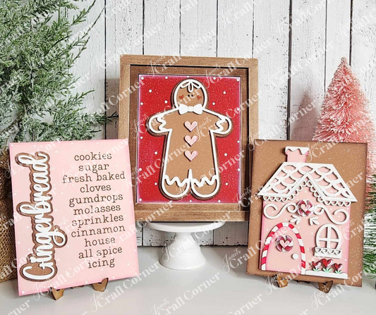 Janet's Craft Corner – Sample painted set of Gingerbread Switchable Farmhouse Sign is a DIY seasonal home decor kits with a gingerbread theme. One features the word Gingerbread with words that evoke gingerbread cookies during the holidays, another features a gingerbread man and one that features a cute gingerbread house 