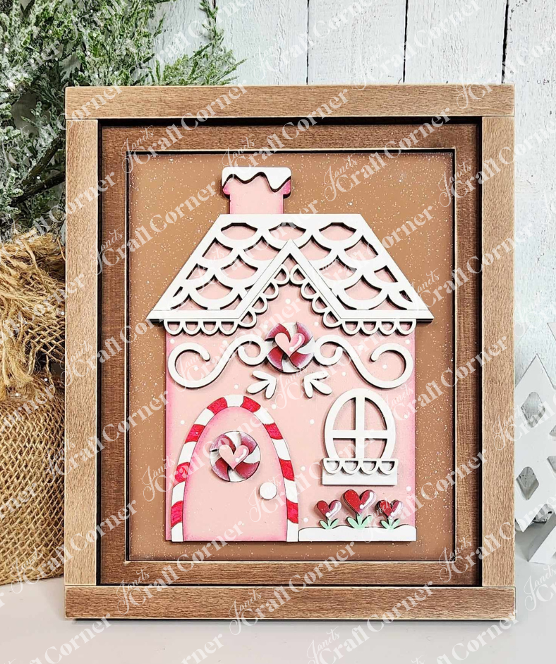 Gingerbread House Farmhouse Interchangeable Sign with Farmhouse Frame painted sample by Janet's Craft Corner