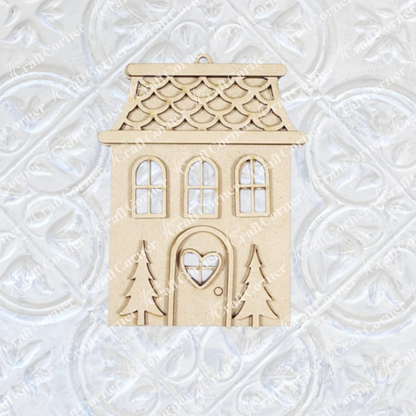 Janet's Craft Corner Gingerbread Ornaments - DIY holiday craft kit (set of 8) features beige, house-shaped ornaments with heart windows and pine trees—ideal for festive décor.