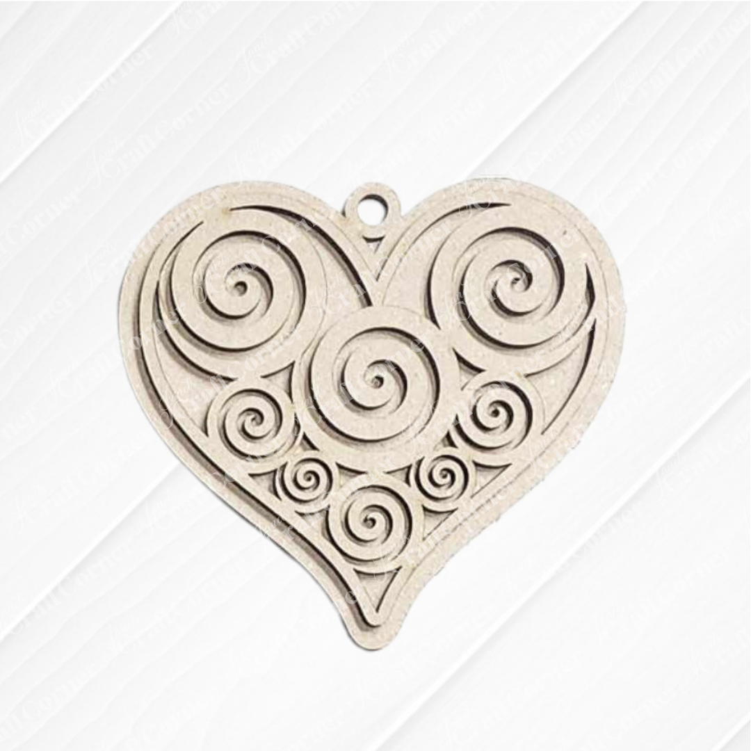 The Gingerbread Iced Cookie Ornaments DIY holiday craft kit by Janet's Craft Corner features heart-shaped ornaments with swirling spiral designs, made of light-colored material and displayed on a white textured background. Set of 6 available.