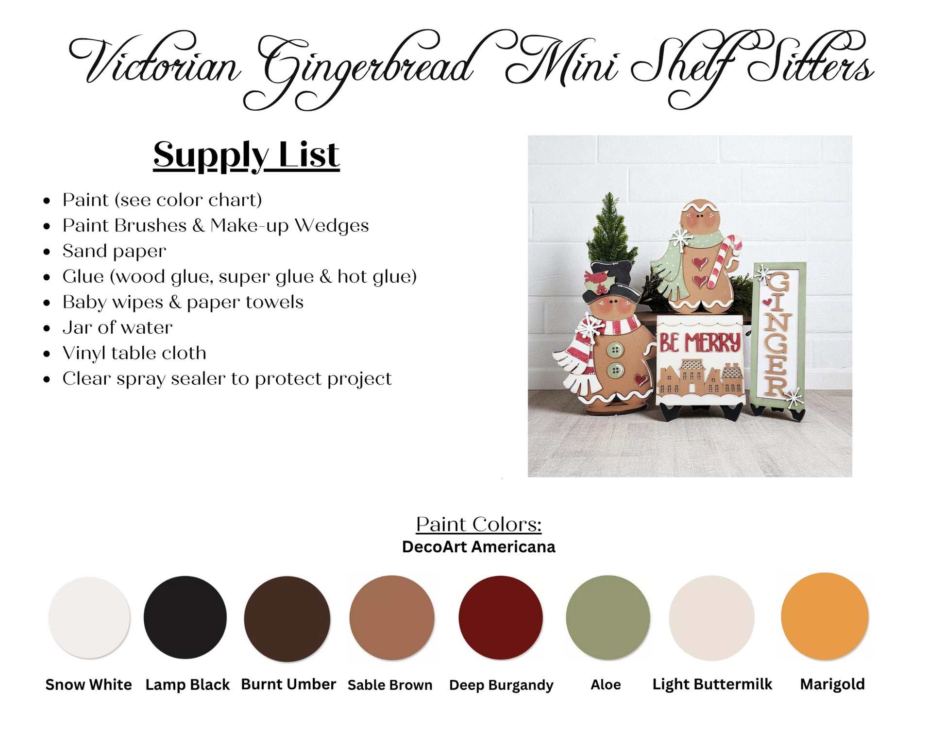 Janet's Craft Corner Gingerbread Mini Shelf Sitters DIY Kit includes paint, brushes, glue, sandpaper, and more for creating cute holiday décor. Image displays finished seasonal crafts from this set of 1.