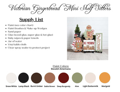 Janet's Craft Corner Gingerbread Mini Shelf Sitters DIY Kit includes paint, brushes, glue, sandpaper, and more for creating cute holiday décor. Image displays finished seasonal crafts from this set of 1.