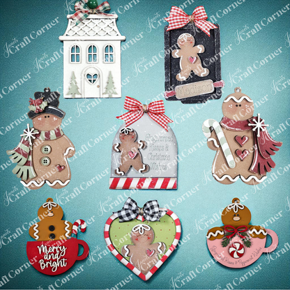 Janet's Craft Corner Gingerbread Ornaments - DIY holiday craft kit includes 8 festive designs: gingerbread people, a house, mug, heart, red bows, and candy canes with holiday messages on a blue background—perfect for holiday décor.