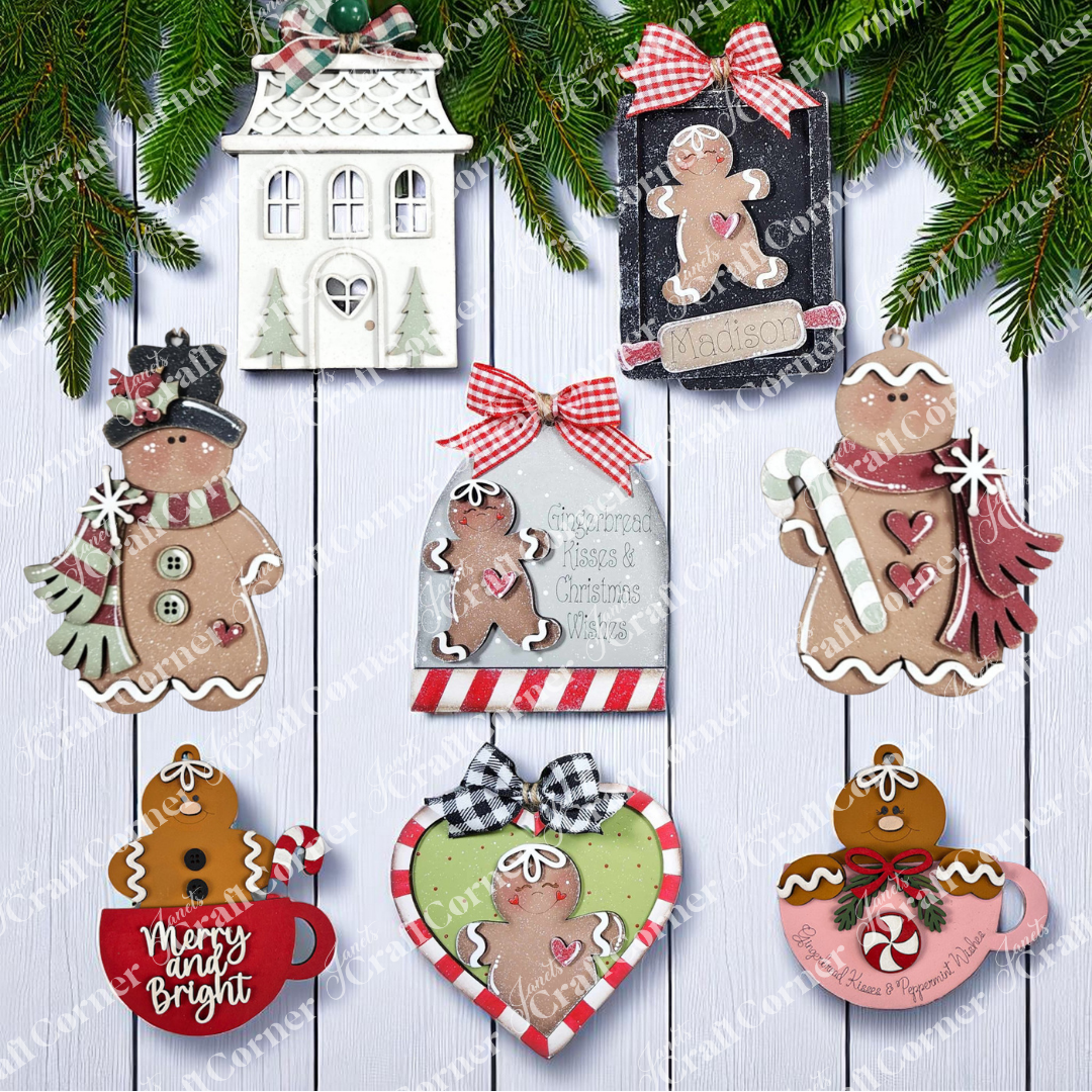 Janet's Craft Corner Gingerbread Ornaments - DIY holiday craft kit (Set of 8) includes gingerbread people, a house, and a mug—festive pieces with bows and greenery on a white wood background, perfect for holiday décor or crafts.