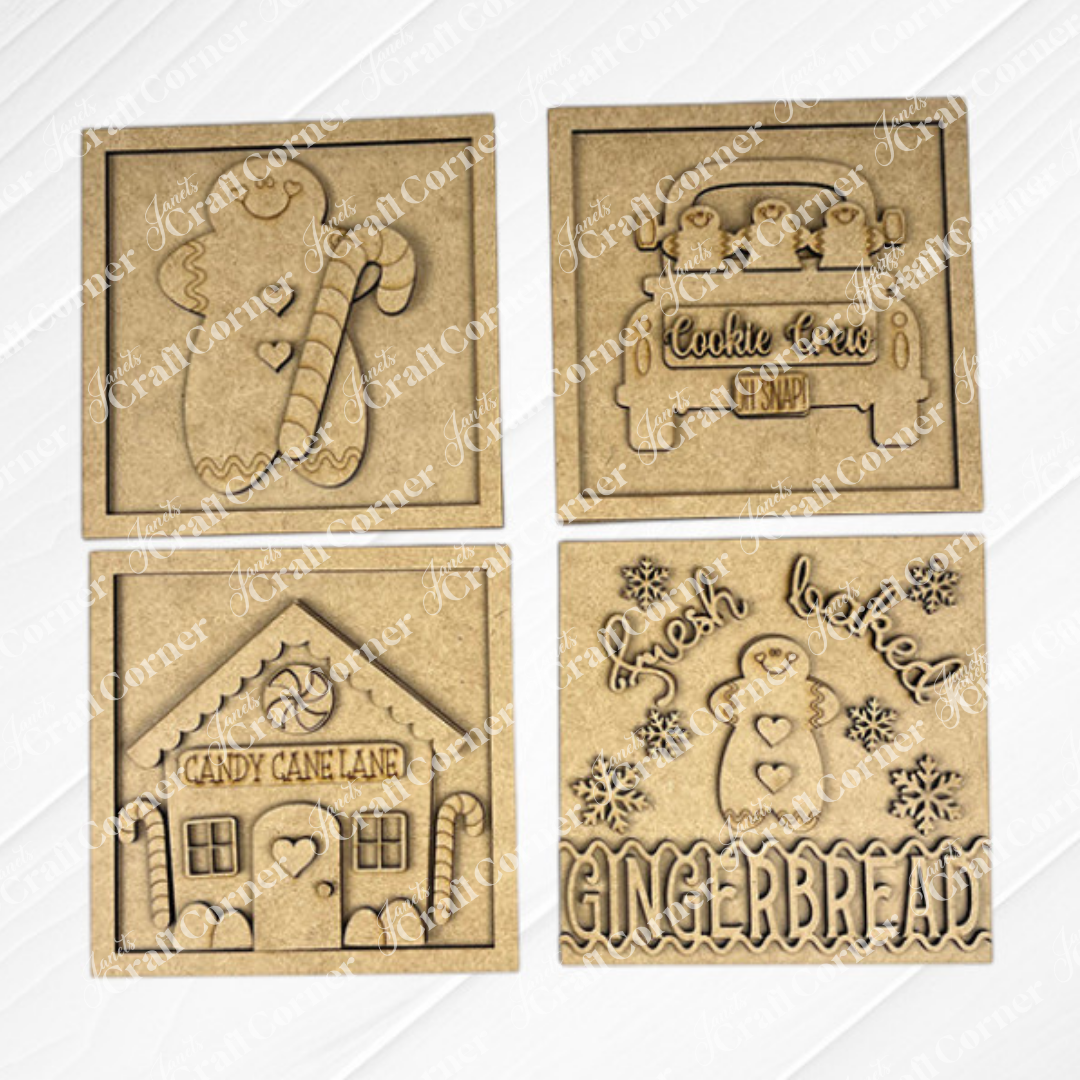 Janet's Craft Corner Gingerbread Squares: set of four engraved wooden plaques with festive gingerbread and candy designs—ideal for DIY seasonal home decor or Swappable Square Displays.