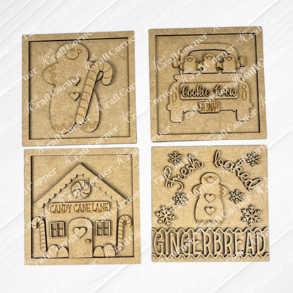 Janet's Craft Corner Gingerbread Squares: set of four engraved wooden plaques with festive gingerbread and candy designs—ideal for DIY seasonal home decor or Swappable Square Displays.