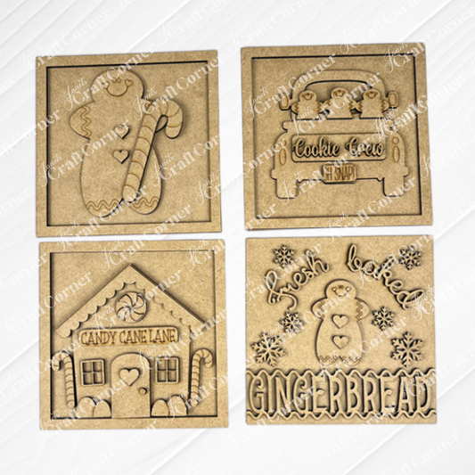 Janet's Craft Corner Gingerbread Squares: set of four engraved wooden plaques with festive gingerbread and candy designs—ideal for DIY seasonal home decor or Swappable Square Displays.