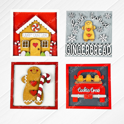 Janet's Craft Corner Gingerbread Squares: four festive holiday cards with gingerbread designs—a house, fresh baked cookie, candy cane holder, and "Cookie Crew" in a red truck. Ideal for tiered trays or DIY holiday decor.