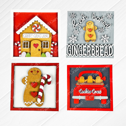 Janet's Craft Corner Gingerbread Squares: four festive holiday cards with gingerbread designs—a house, fresh baked cookie, candy cane holder, and "Cookie Crew" in a red truck. Ideal for tiered trays or DIY holiday decor.