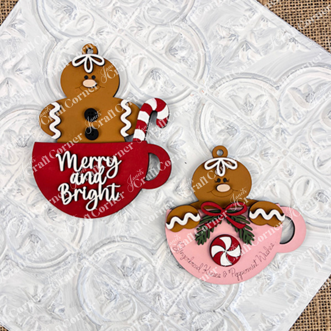 Janet's Craft Corner Gingerbread Ornaments DIY holiday craft kit (Set of 8) features festive designs like a red cup with "Merry and Bright," candy cane, holly, and peppermint—perfect for charming holiday décor on any white background.