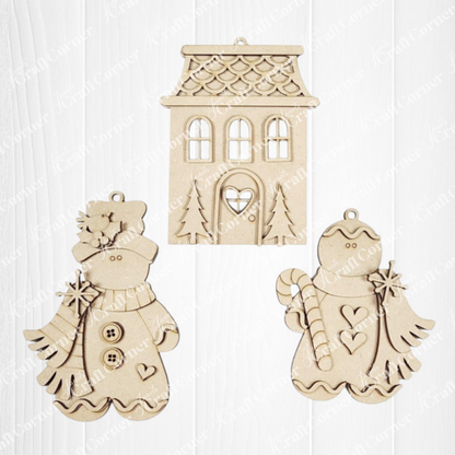 Janet's Craft Corner Gingerbread Ornaments DIY holiday craft kit includes 8 unfinished wooden ornaments—ideal for creating your own charming Christmas décor.