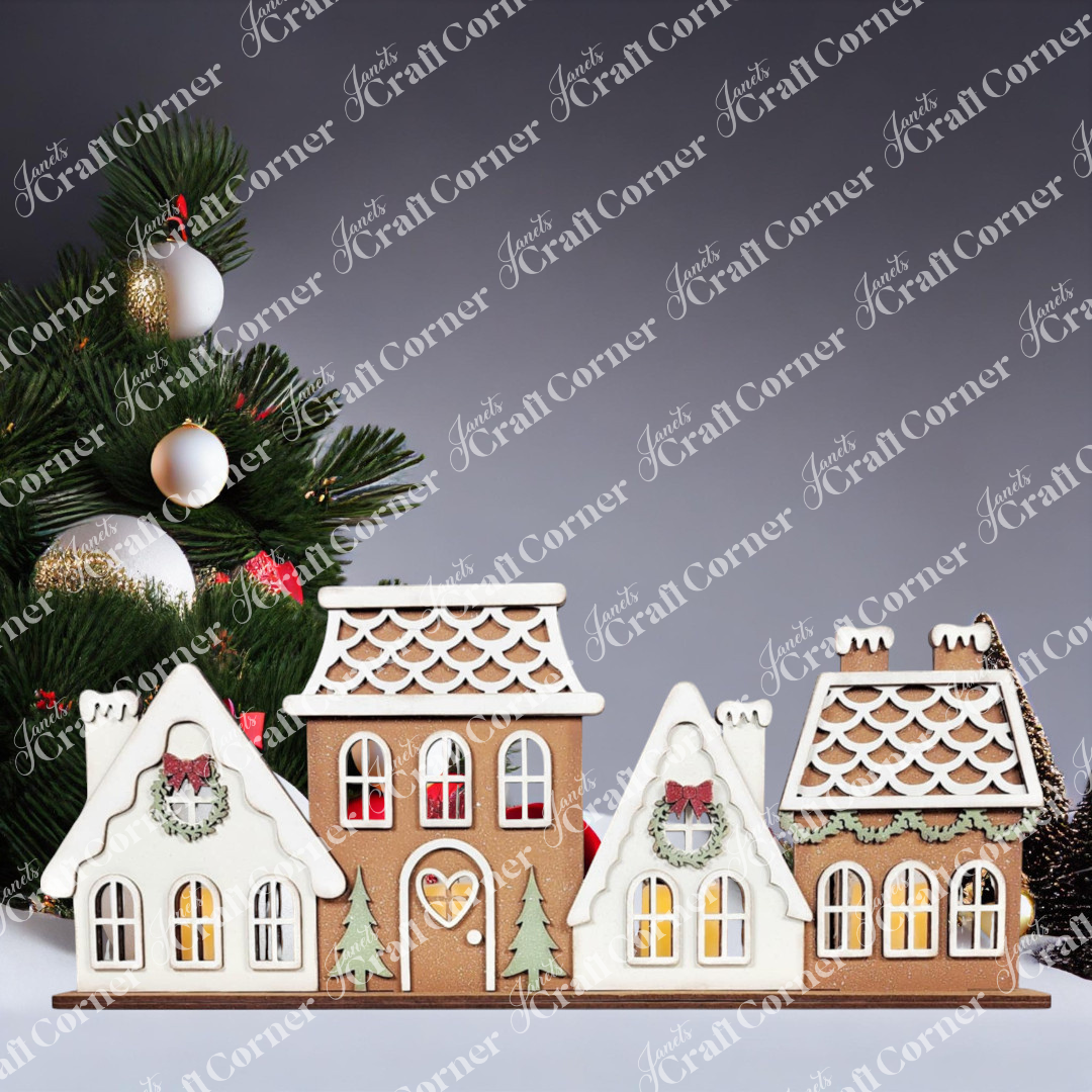 A festive Christmas scene featuring Janet's Craft Corner Gingerbread Village Votive Holder Shelf Sitter, decorated with wreaths and white icing details, perfect for seasonal home decor, set against a gray background.