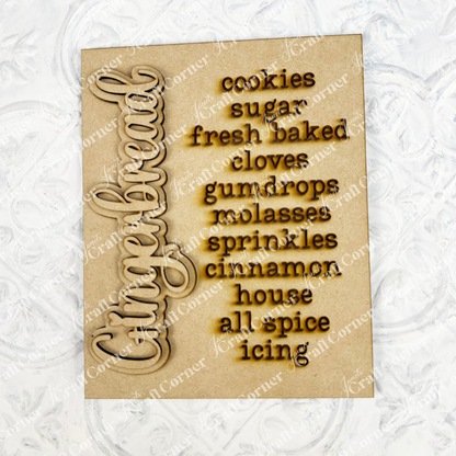 The Gingerbread Words Farmhouse Sign by Janet's Craft Corner is a beige DIY seasonal home decor craft kit featuring "Gingerbread" in cursive and cookie themed words—perfect for creative spaces or as unique wall art.