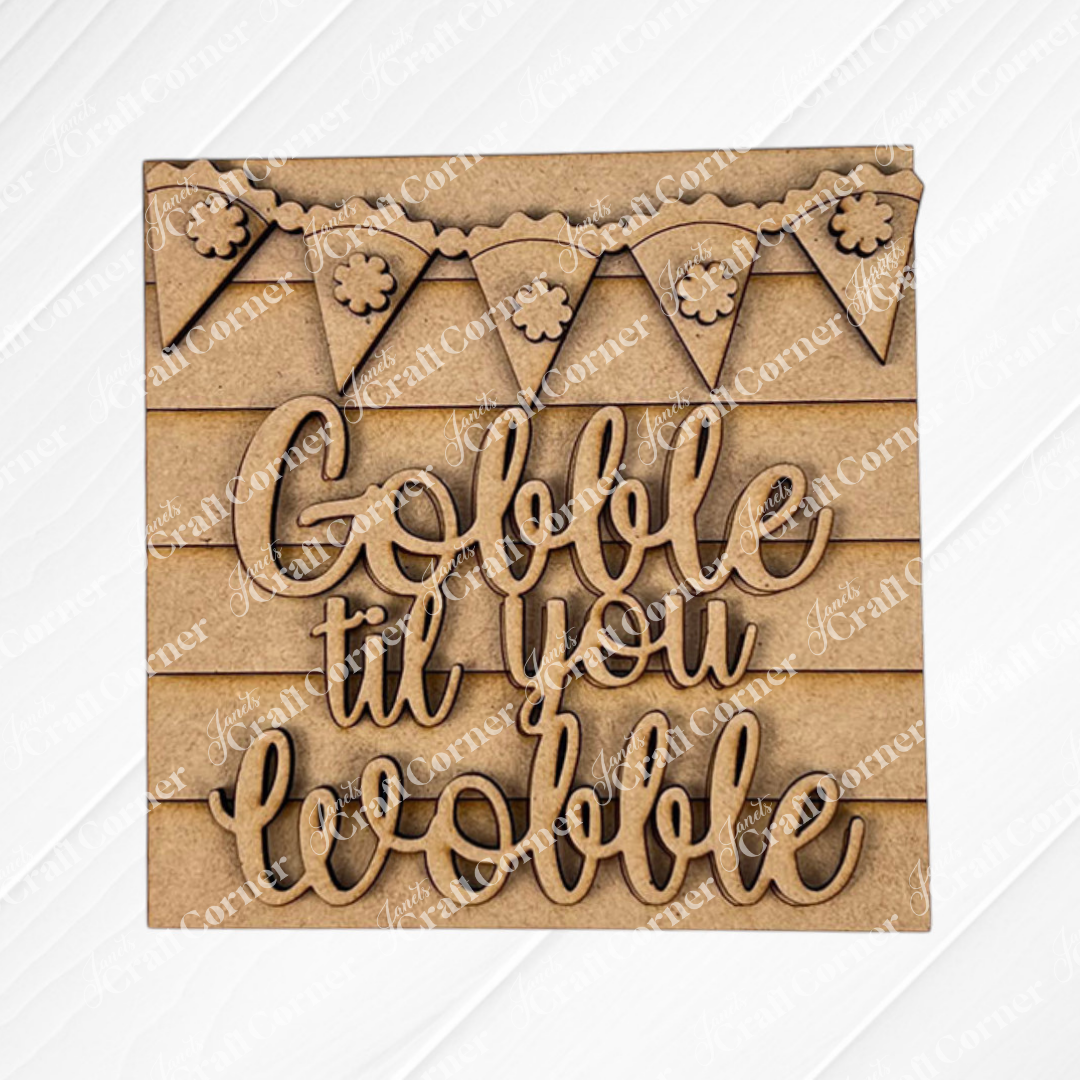 Thanksgiving Feast Squares by Janet's Craft Corner: charming wood cut-outs feature layered cursive "Gobble til you wobble," pennant flag banners, and floral designs—perfect for tiered tray decor.