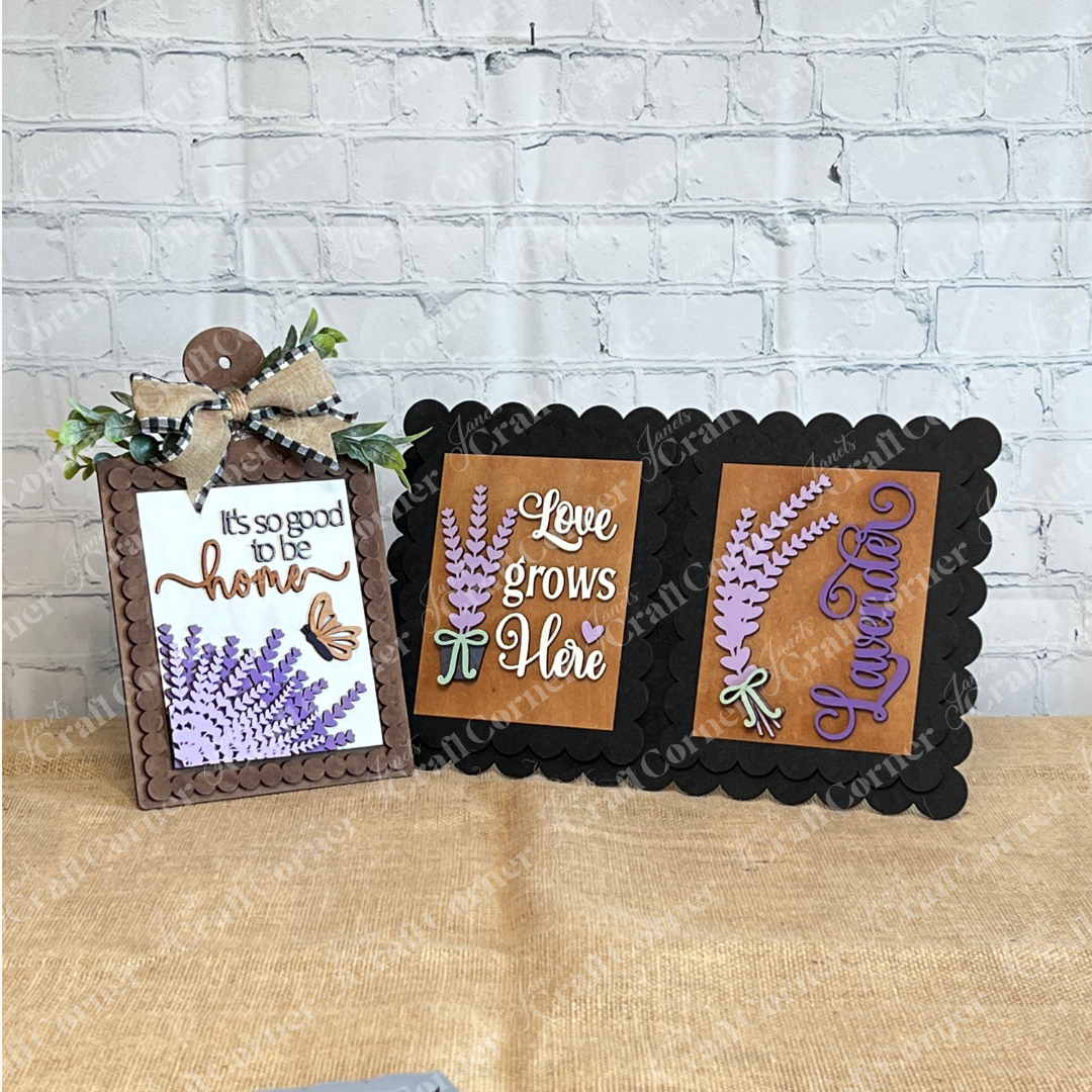 Janet's Craft Corner Lavender Switchable Farmhouse Signs – DIY Craft Kit features three scalloped-edge signs with cozy phrases—ideal for tiered trays, adding rustic charm and calming lavender style to your farmhouse décor.