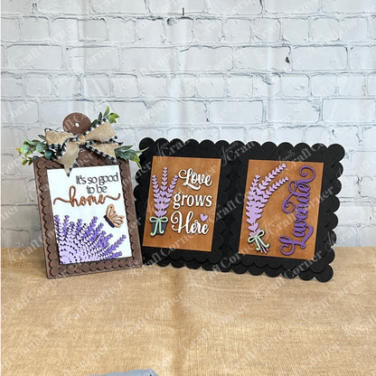 Janet's Craft Corner Lavender Switchable Farmhouse Signs – DIY Craft Kit features three scalloped-edge signs with cozy phrases—ideal for tiered trays, adding rustic charm and calming lavender style to your farmhouse décor.