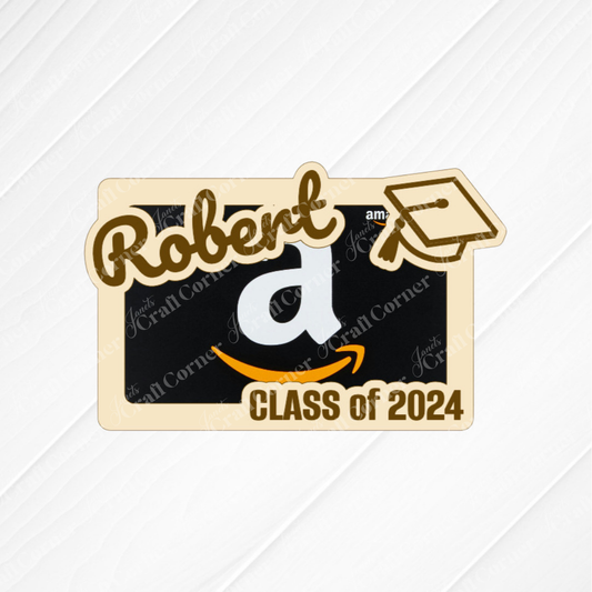 The Graduation Gift Card Holder by Janet's Craft Corner features "Robert," a graduation cap, the Amazon logo, and "Class of 2024" on a white textured background—an ideal personalized money holder or unique graduation gift.