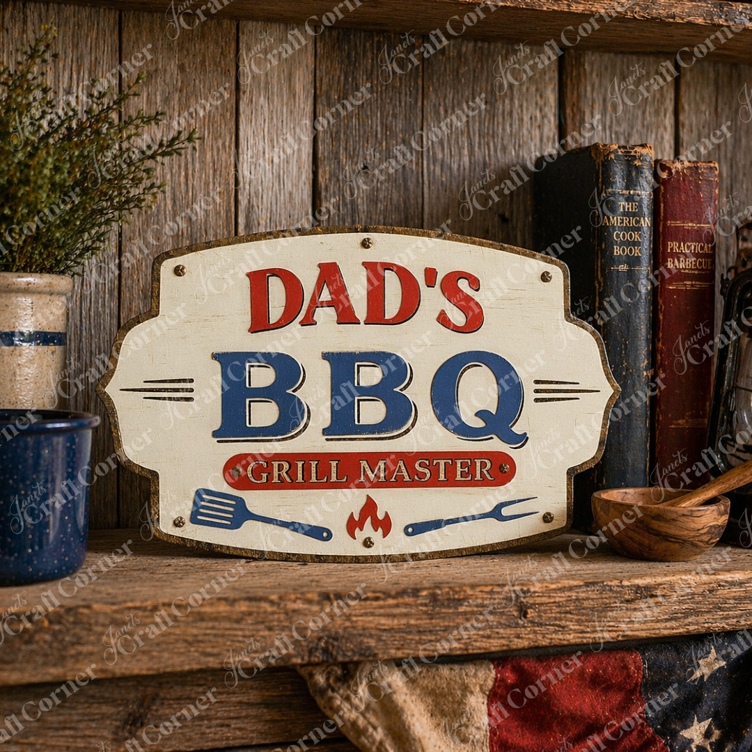 The BBQ Grill Master Personalized Shelf Leaner by Janet's Craft Corner is a rustic unfinished wood craft kit featuring "Dad's BBQ Grill Master" with fork, spatula, and flame graphics—perfect for DIY seasonal home decor. Set of 1.