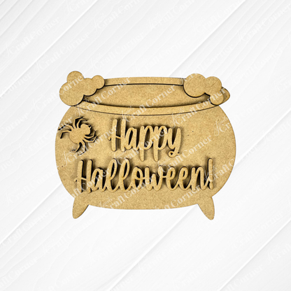 The Halloween Mini Shelf Sitters by Janet's Craft Corner is a DIY craft kit featuring a wooden cauldron cutout with bones, a spider, and "Happy Halloween"—perfect for seasonal home decor on any light, textured surface. Set of 1.