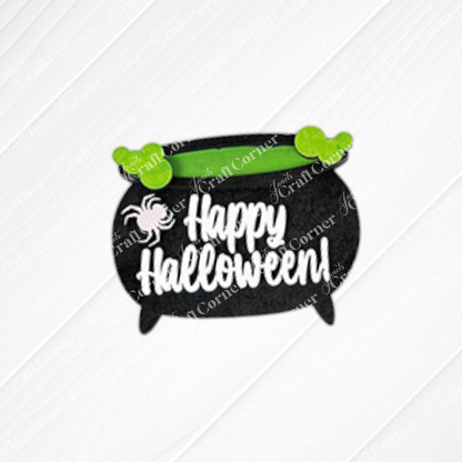 Janet's Craft Corner Halloween Mini Shelf Sitters DIY kit: A black cauldron with green bones, a white spider, and "Happy Halloween!"—perfect for seasonal home decor or spooky shelf displays. Set of 1.