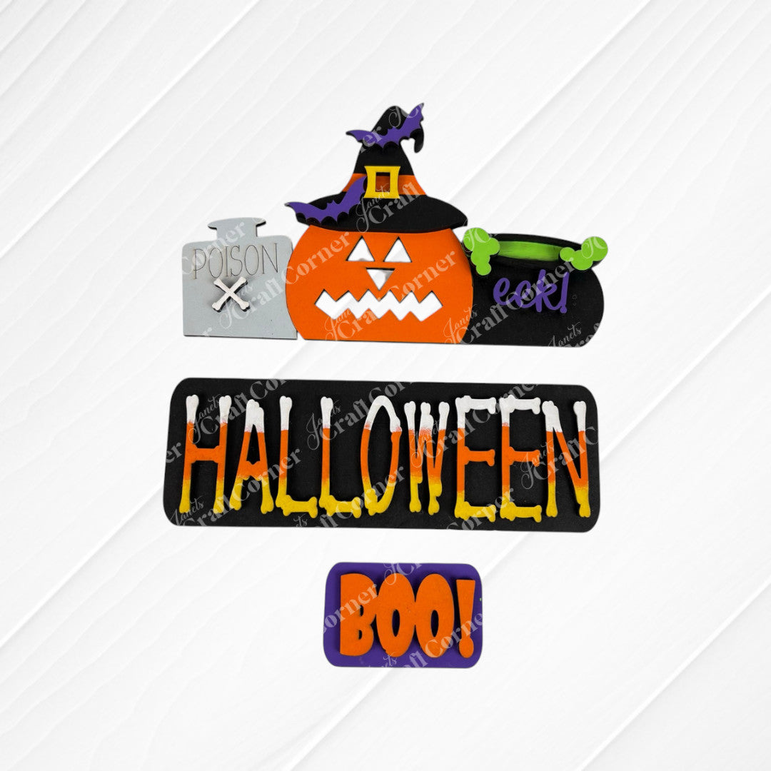 Discover the Halloween Pumpkin Interchangeable Insert from Janet's Craft Corner, a DIY home decor kit that features a festive sign with interchangeable craft inserts. It includes a pumpkin sporting a witch hat, an "eek!" marked cauldron, and a poison label. The textured background highlights the words "HALLOWEEN" and "BOO!", perfect for adding charm to your Halloween decor.