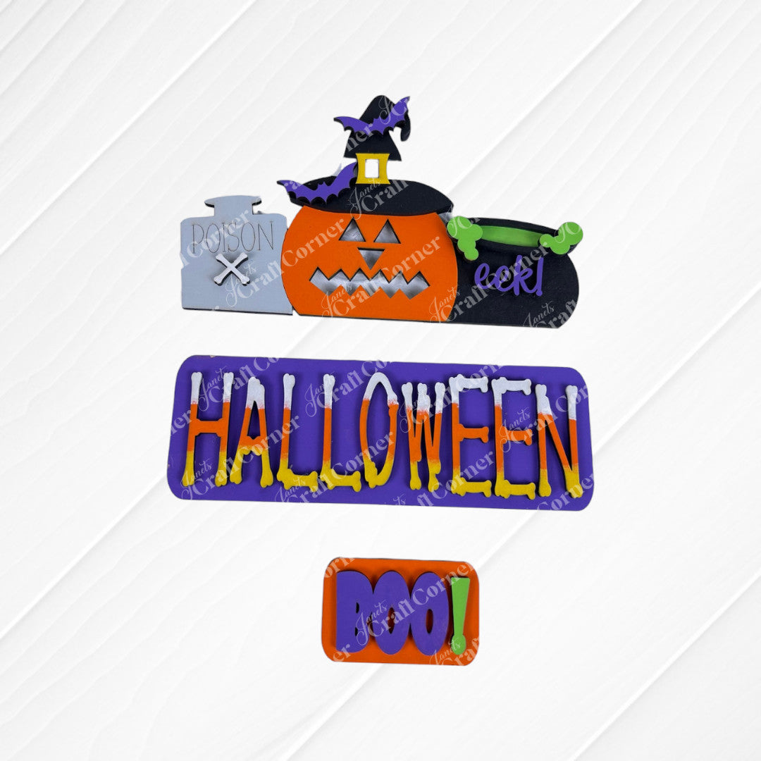 Transform your space into a spooky scene with Janet's Craft Corner's Halloween Pumpkin Interchangeable Insert DIY home decor kit. It includes a pumpkin, witch's hat, and cauldron labeled "eek!" Enhance the frightful atmosphere with a sign that screams "POISON." Personalize the vibrant "HALLOWEEN" display and switch out interchangeable inserts to keep your wooden backdrop fresh and exciting all season long.