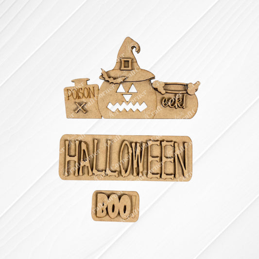 Janet's Craft Corner presents the Halloween Pumpkin Interchangeable Insert—an ideal DIY home decor kit. It features wooden Halloween decorations on a textured white background: a pumpkin adorned with a witch hat labeled "poison" and "eek!", alongside a sign that reads "HALLOWEEN," and a small plaque with the word "BOO!" All elements rest atop burlap fabric, offering perfect pieces for interchangeable craft inserts.
