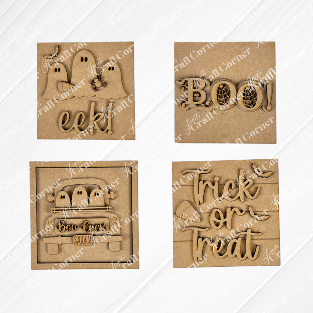 Janet's Craft Corner Halloween Squares: four brown wood cut-outs with festive ghost and bat designs—“eek!”, “BOO!”, “Boo Crew Spooky,” and “Trick or Treat”—perfect for tiered tray decor.
