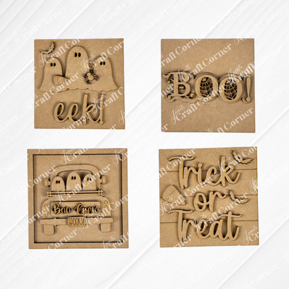 Janet's Craft Corner Halloween Squares: four brown wood cut-outs with festive ghost and bat designs—“eek!”, “BOO!”, “Boo Crew Spooky,” and “Trick or Treat”—perfect for tiered tray decor.