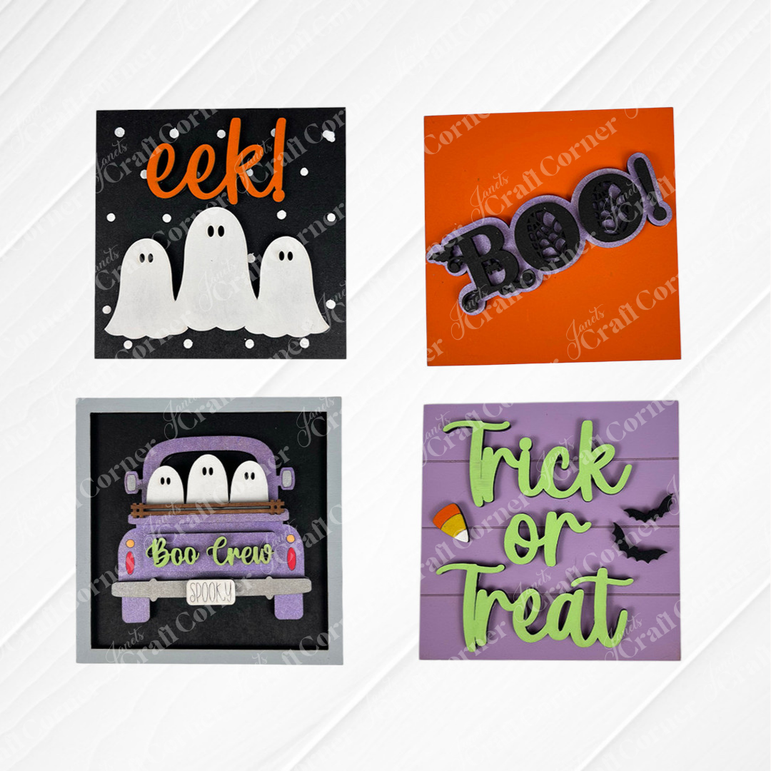 Halloween Squares by Janet's Craft Corner: four wood signs for tiered trays—ghosts with "eek!", "Boo!" and a spider, Boo Crew in a purple truck, and "Trick or Treat" with bats—for festive Halloween decor.