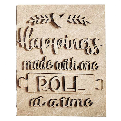 Janet's Craft Corner Kitchen Switchable Farmhouse Sign features "Happiness made with one roll at a time" with a heart, leaves, and rolling pin—ideal rustic DIY home decor to warm up your kitchen. Set of 1 craft kit.