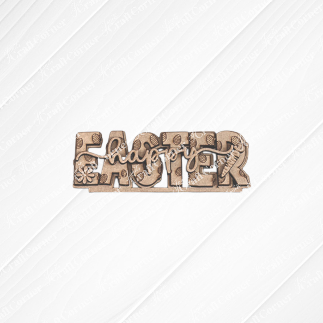 Janet's Craft Corner offers the Easter Trio Mini Shelf Sitters, wooden decorations that feature the word "Easter" with "happy" inscribed across it. Ideal as Easter decor, these sitters have letters adorned with carved egg designs and a carrot and flower embellishment at each end. They come with a separate rectangular base, making them perfect for cheerful display on a shelf.
