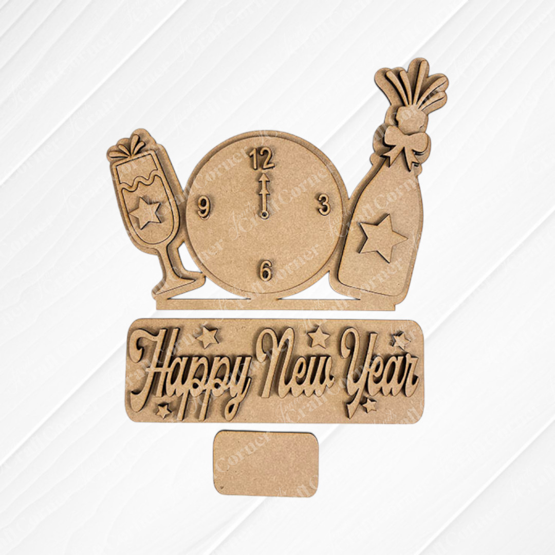 The New Year Interchangeable Insert from Janet's Craft Corner is a hand-painted wooden craft decoration featuring a clock striking midnight alongside a champagne bottle and glass. The words "Happy New Year" are elegantly carved in script against a textured white background, making it an ideal addition to your interchangeable home decor collection.