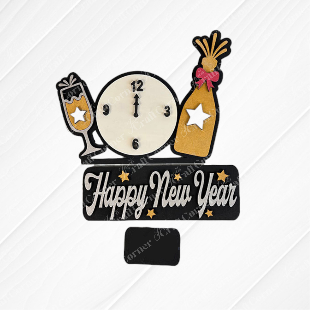 Introducing the "New Year Interchangeable Insert - Painted" from Janet's Craft Corner. This decorative piece features a striking image of a clock at midnight, accompanied by a champagne bottle and glass, making it a perfect addition to your home decor. "Happy New Year" is elegantly inscribed alongside star accents, with "2024" standing out below. The textured light-colored background ensures its suitability as an interchangeable insert for any festive setting.