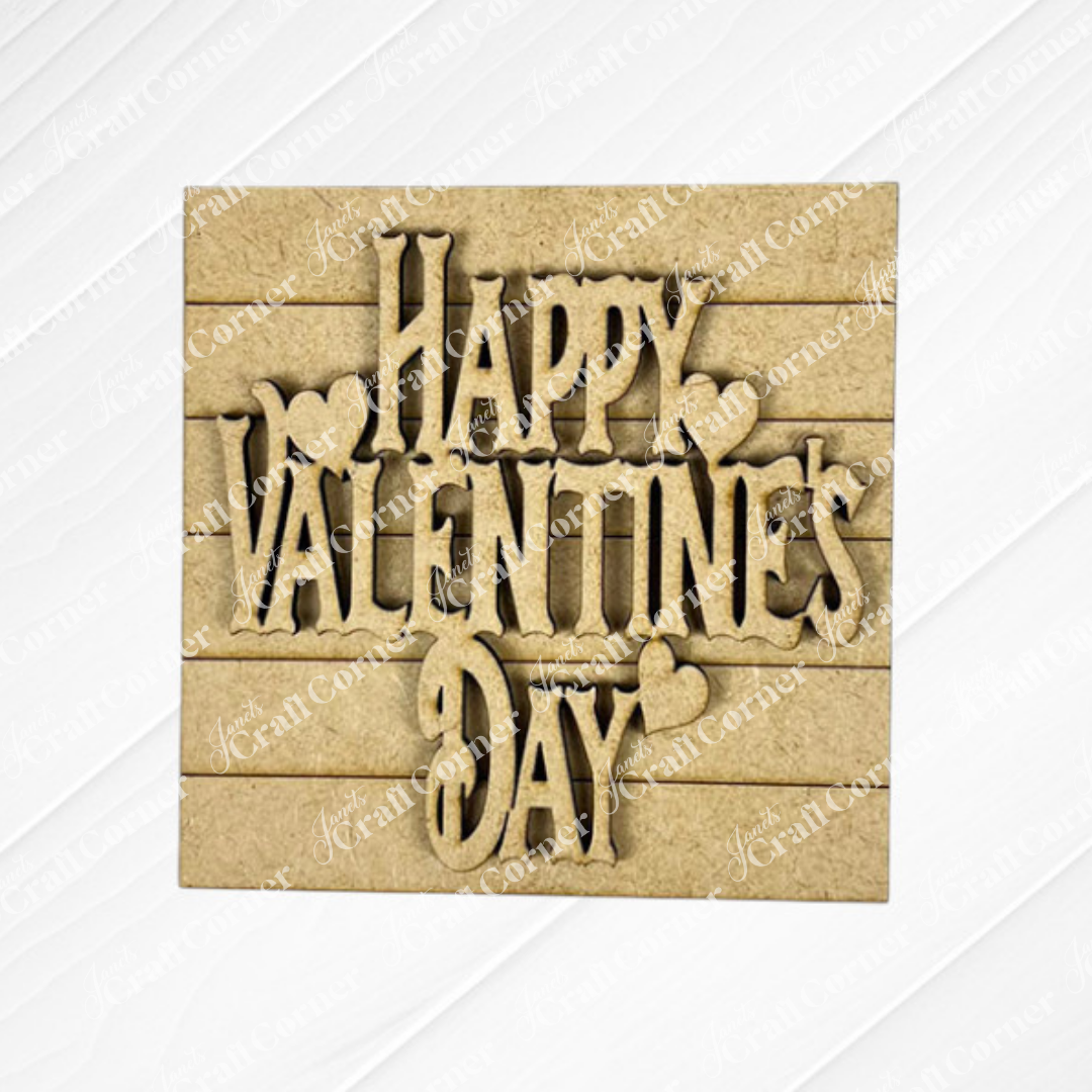 Janet's Craft Corner Valentine Squares feature "Happy Valentine's Day" in a bold font with hearts on a wood panel—ideal for DIY seasonal home decor or adding charm to your tiered tray display.