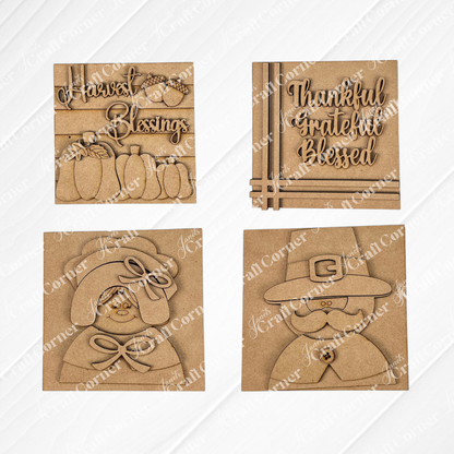 Janet's Craft Corner Harvest Blessings Thanksgiving Squares feature four laser-cut wood designs—pumpkins, a book stack, a girl in a bonnet, and a pilgrim hat—perfect swappable decor for tiered trays.