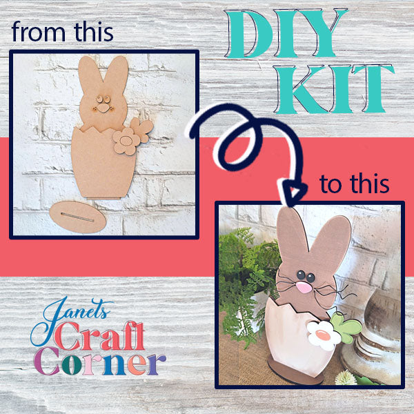 An advertisement for a DIY Kit features an unfinished Hatched Bunny Shelf Sitter, shaped like an egg, on the left next to a completed, painted version with added greenery on the right. It's ideal for adding charm to your home decor. The text reads: "from this" with an arrow pointing to "to this." Logo: Janet's Craft Corner.